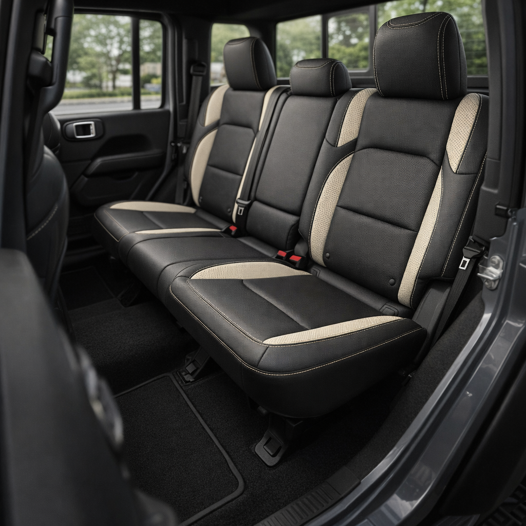 Rear in-cabin view of a 2020–2026 Jeep Gladiator showing Leatherteck rear bench seat covers with a black main seat color, pearl white perforated accent panels on the outer sections, and pearl white contrast stitching throughout, featuring three headrests, visible seatbelts/buckles, and the rear door panel and windows in the background.