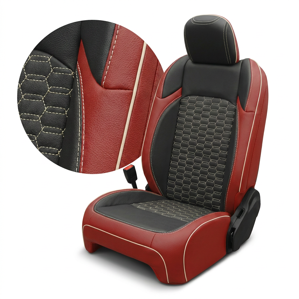 Close-up inset and full view of the Leatherteck/Katzkin K27 (K2318-121) seat cover for a 2020–2026 Jeep Gladiator, featuring red wrap with black center and wings, tek double-hex stitched inserts, and pearl piping with pearl contrast stitching (tek color pearl), shown on a white background.