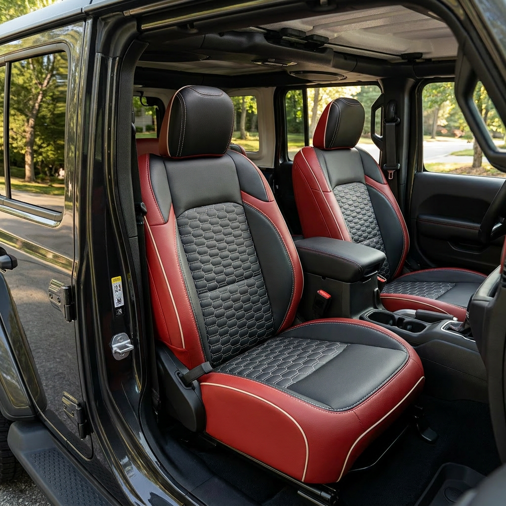 Front cabin view of a 2020–2026 Jeep Gladiator with Leatherteck/Katzkin K27 (K2318-121) seat covers installed, featuring red wrap, black center and wings, pearl Tek Double Hex insert panels, pearl contrast stitching, and pearl piping on the front bucket seats.