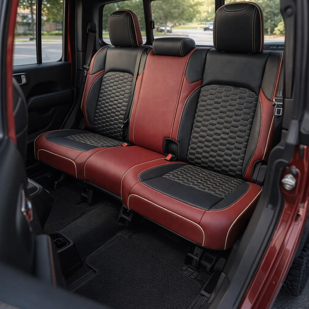 Rear cabin view of a 2020–2026 Jeep Gladiator with Leatherteck/Katzkin K27 (K2318-121) rear seat covers installed, featuring red wrap with black center and wings, pearl Tek Double Hex insert panels, pearl contrast stitching, and pearl piping across the rear bench and headrests.
