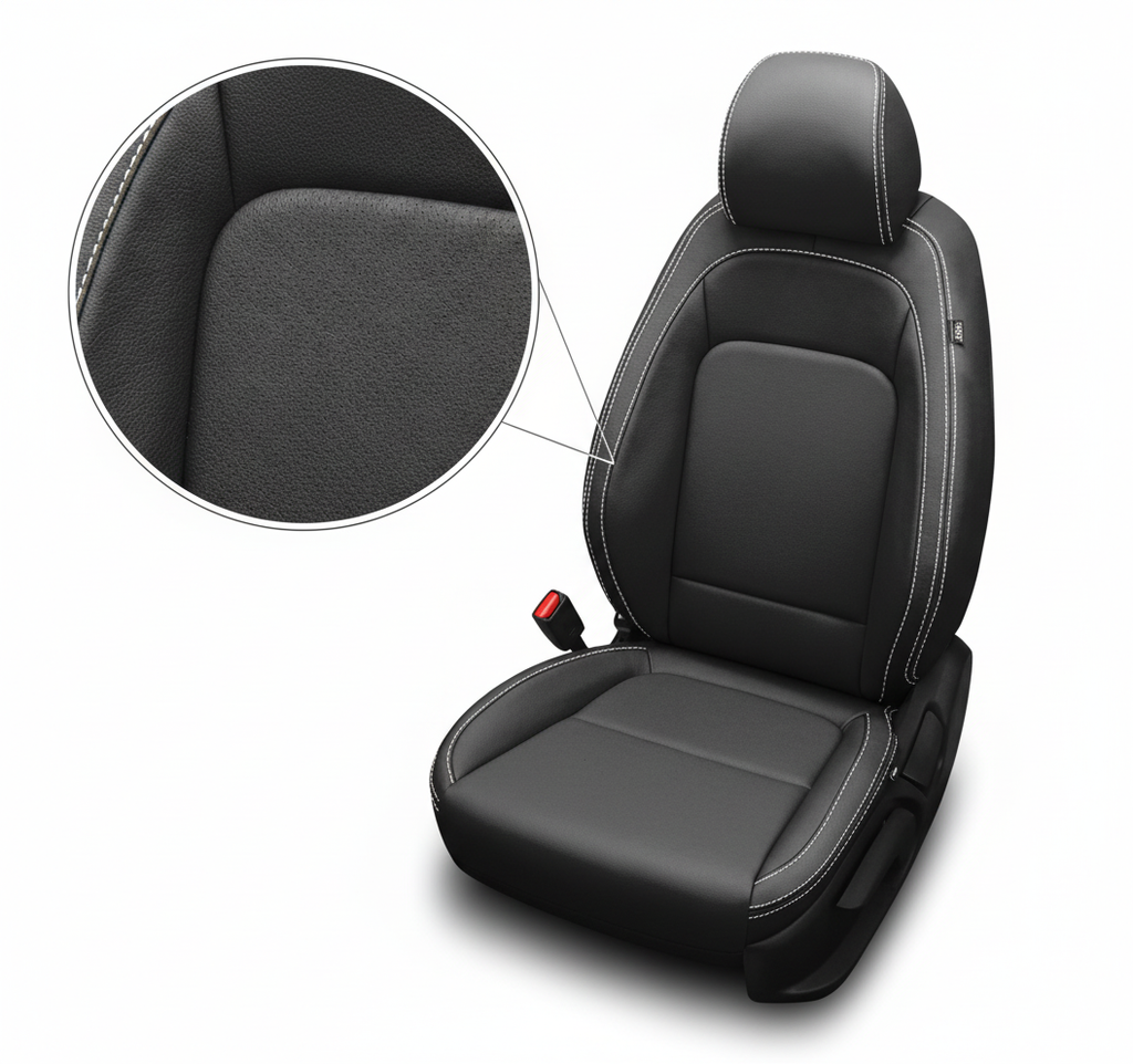 Black car seat cover with detailed texture on a white background