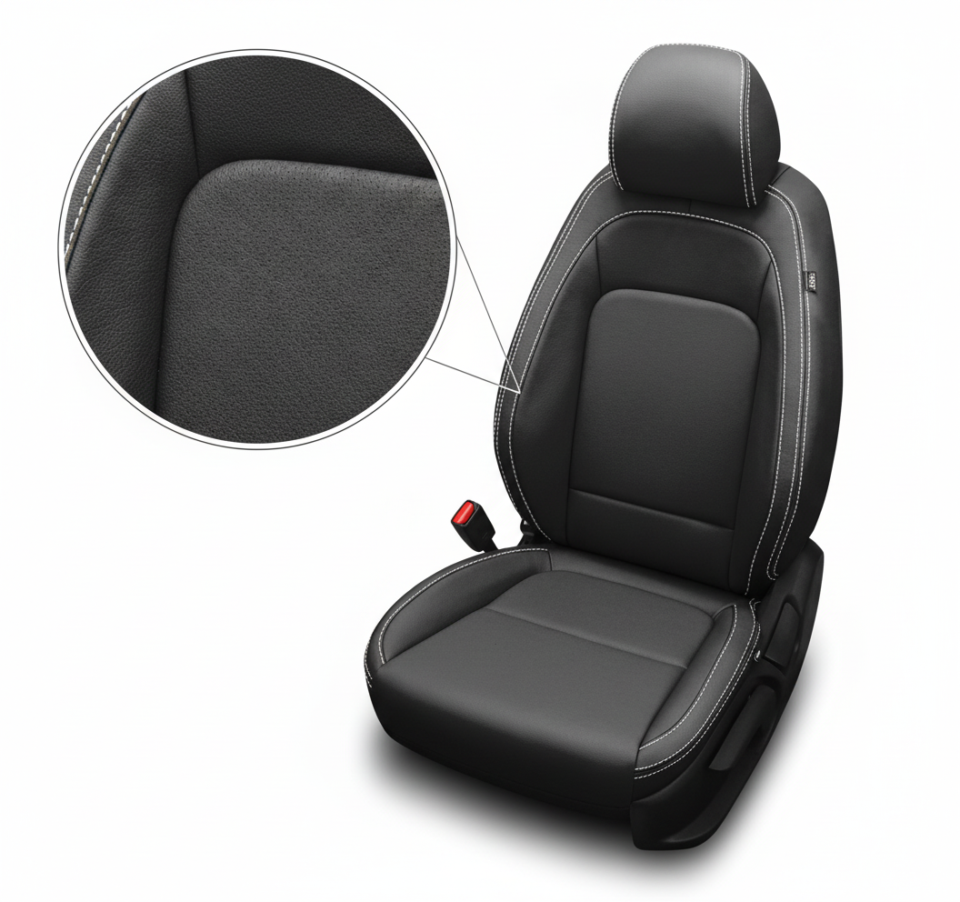 Black car seat cover with detailed texture on a white background