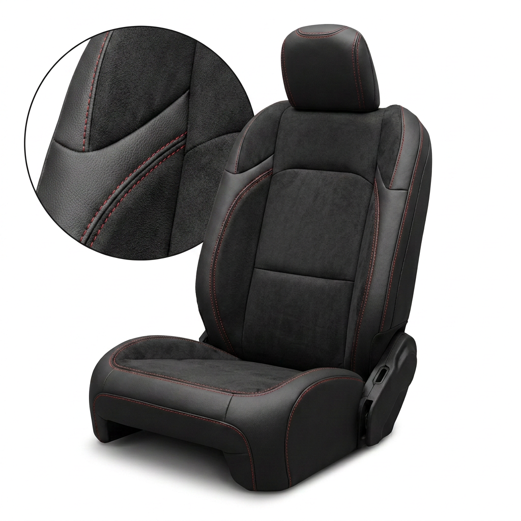 Close-up product image of a 2020–2026 Jeep Gladiator Leatherteck seat cover on a white background, featuring a black main seat color with black automotive suede body inserts and accent panels, plus red contrast stitching throughout; a circular zoom inset highlights the suede texture, leather grain, and double-stitched red seam detail.