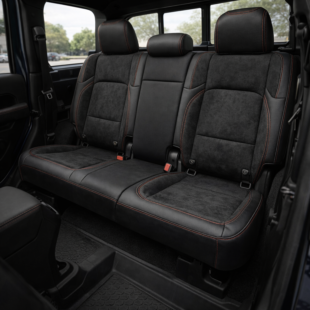 Rear in-cabin view of a 2020–2026 Jeep Gladiator showing Leatherteck rear bench seat covers in black with black automotive suede body inserts and accent panels, finished with red contrast stitching throughout, with three headrests, seatbelts/buckles, and the rear window and side windows visible.