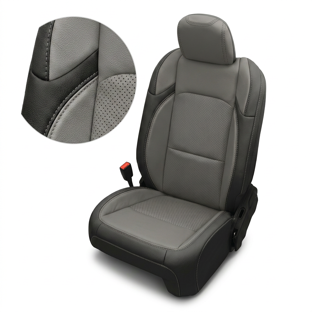 Close-up product image of a 2020–2026 Jeep Gladiator Leatherteck seat cover on a white background, featuring a black main seat color with light grey perforated center inserts, light grey accent panels, and light grey contrast stitching throughout; a circular zoom inset highlights the perforation pattern, leather-grain texture, and stitched seam detail.