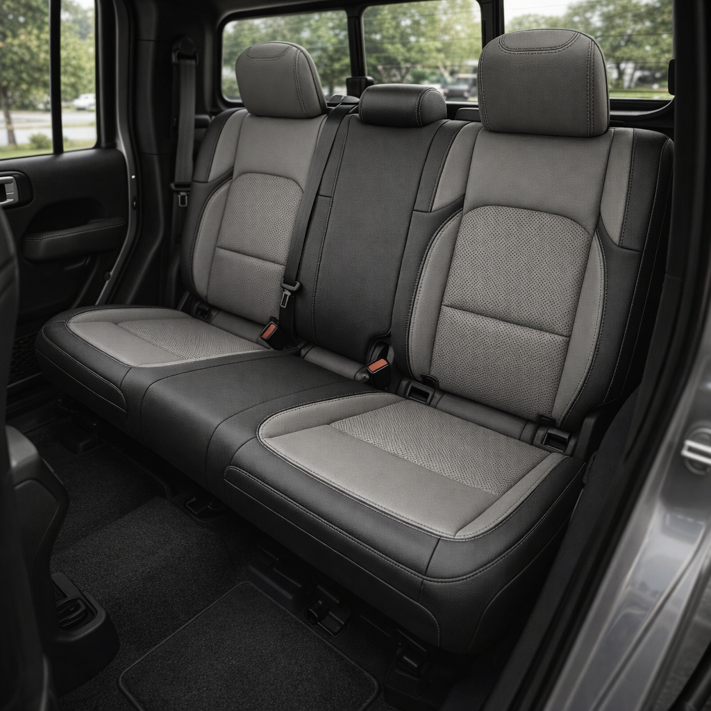 Rear in-cabin view of a 2020–2026 Jeep Gladiator showing Leatherteck rear bench seat covers with a black main seat color, light grey perforated center inserts, light grey accent panels, and light grey contrast stitching throughout, featuring three headrests, visible seatbelts/buckles, and the rear window and side door panel in the background.