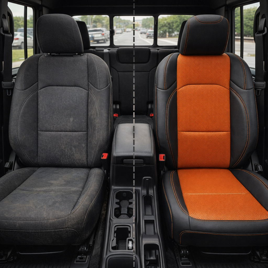 Before-and-after front in-cabin view of a 2020–2026 Jeep Gladiator split down the center: left shows the factory gray/black cloth front seat, while right shows the upgraded Leatherteck seat cover with a black main seat color, tangerine orange perforated body inserts, and tangerine orange contrast stitching, with the center console and cupholders visible between the seats.