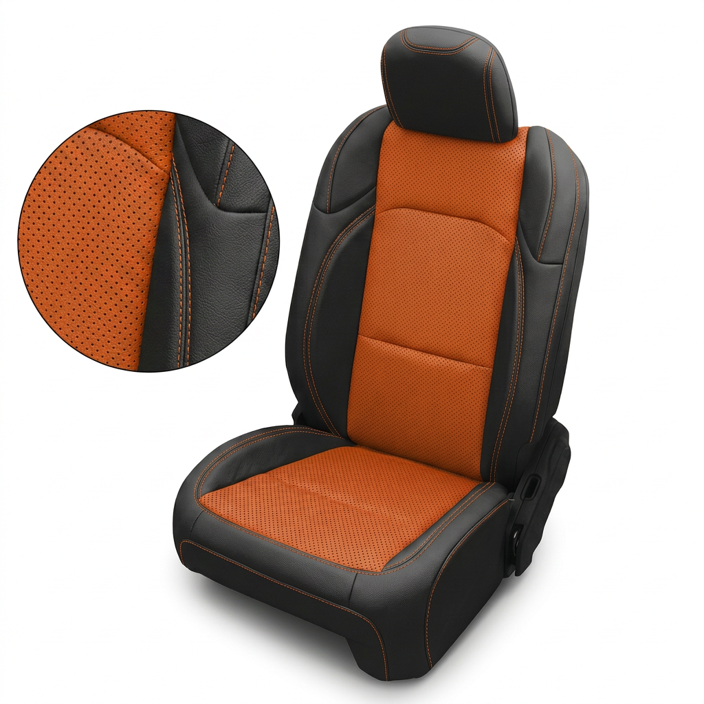 Close-up product image of a 2020–2026 Jeep Gladiator Leatherteck seat cover on a white background, featuring a black main seat color with tangerine orange perforated body inserts and tangerine orange contrast stitching throughout; a circular zoom inset highlights the perforation pattern, leather grain texture, and double-stitched seam detail.