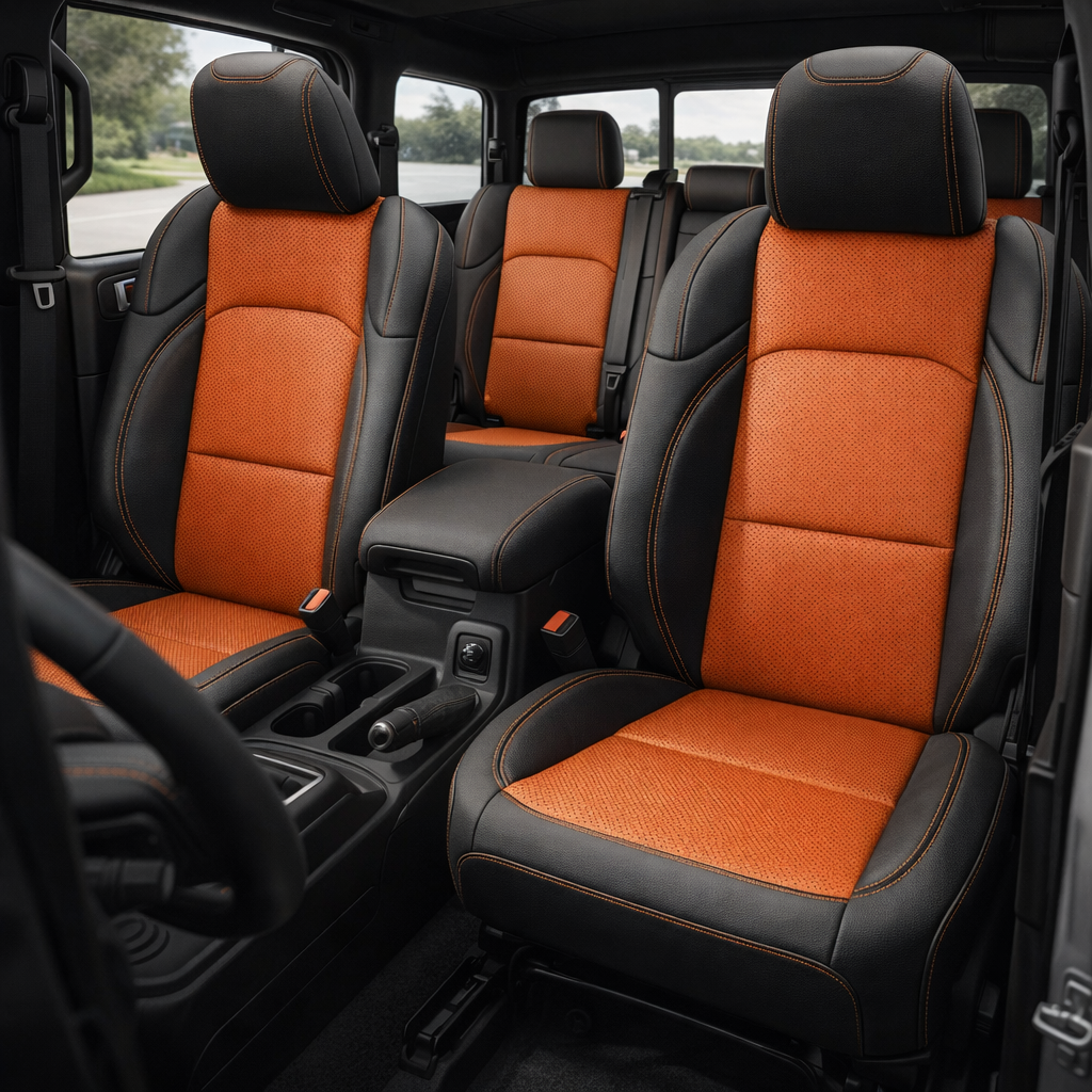 Front in-cabin view of a 2020–2026 Jeep Gladiator with Leatherteck seat covers installed, featuring a black main seat color with tangerine orange perforated body inserts and tangerine orange contrast stitching, showing both front bucket seats, the center console with cupholders, and the rear bench seat in the background.