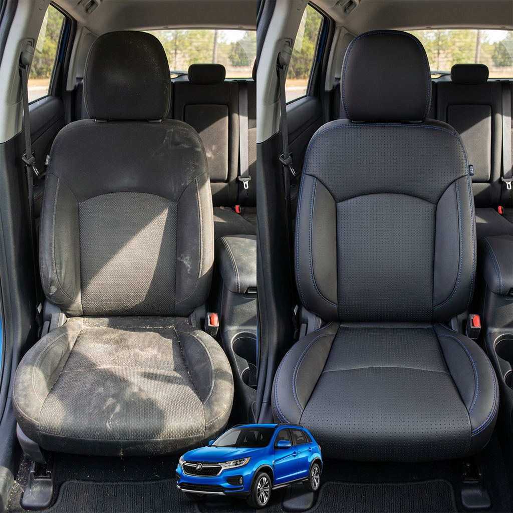 Before-and-after comparison of front seats, showing cloth seat upgraded to perforated leather upholstery.
