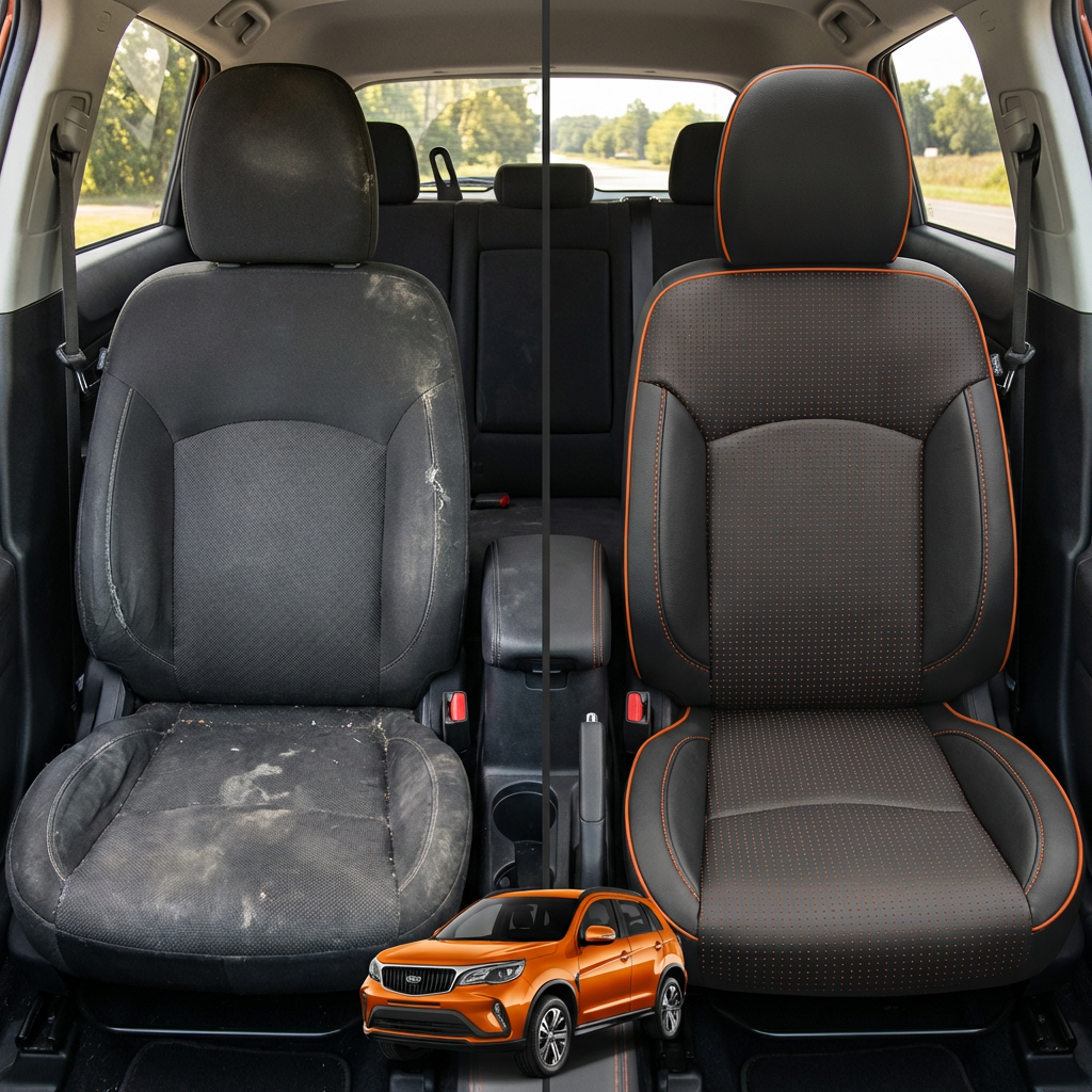 Before-and-after comparison of front seats, showing cloth seat upgraded to perforated leather upholstery.