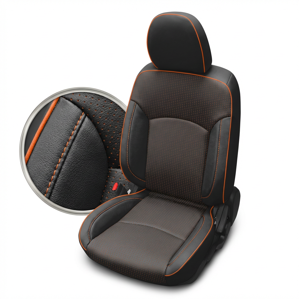 Black car seat covers with orange stitching on a white background