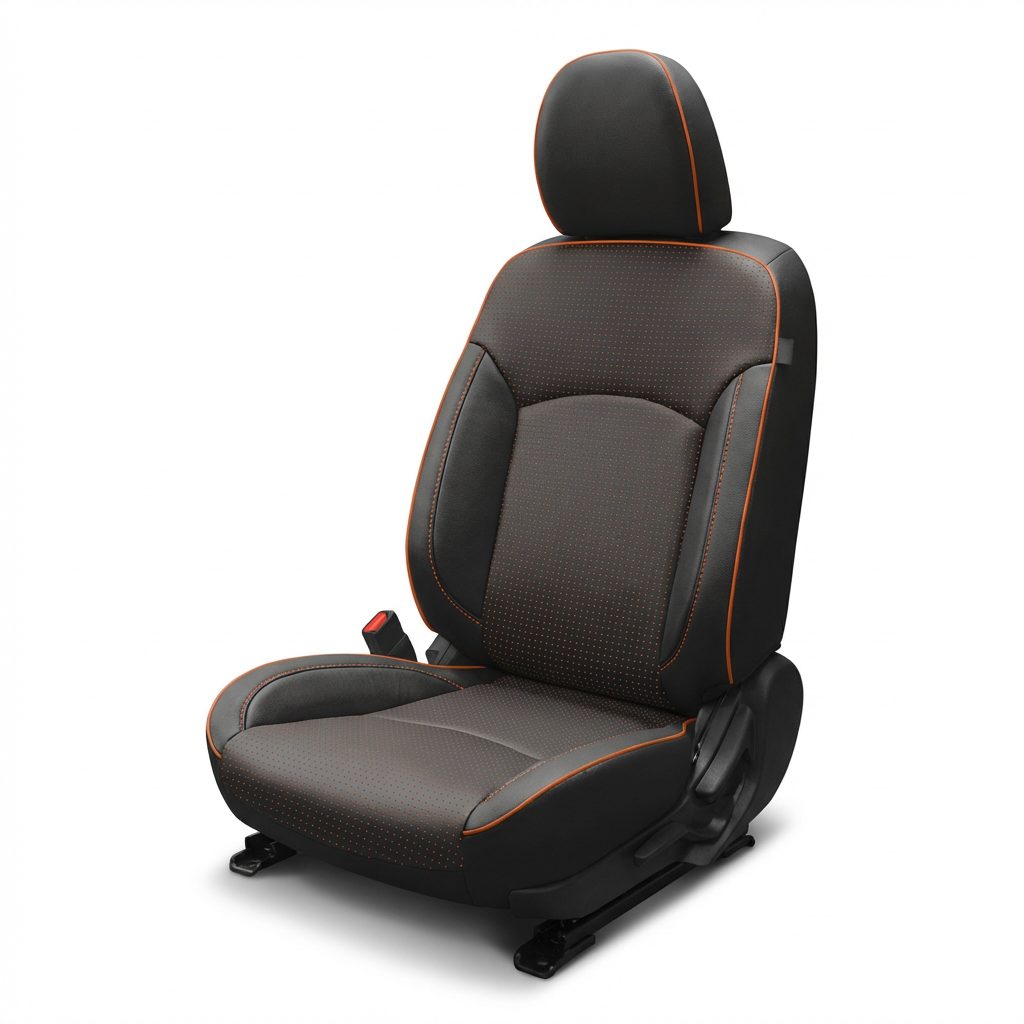 Black car seat with orange stitching on a white background