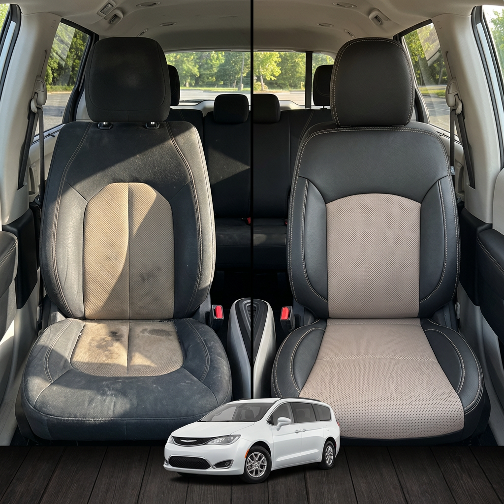 Before-and-after comparison of front seats, showing cloth seat upgraded to perforated leather upholstery.