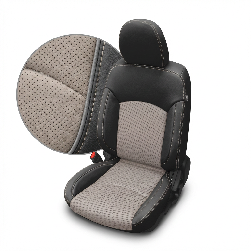 Car seat cover with black and beige design on a white background