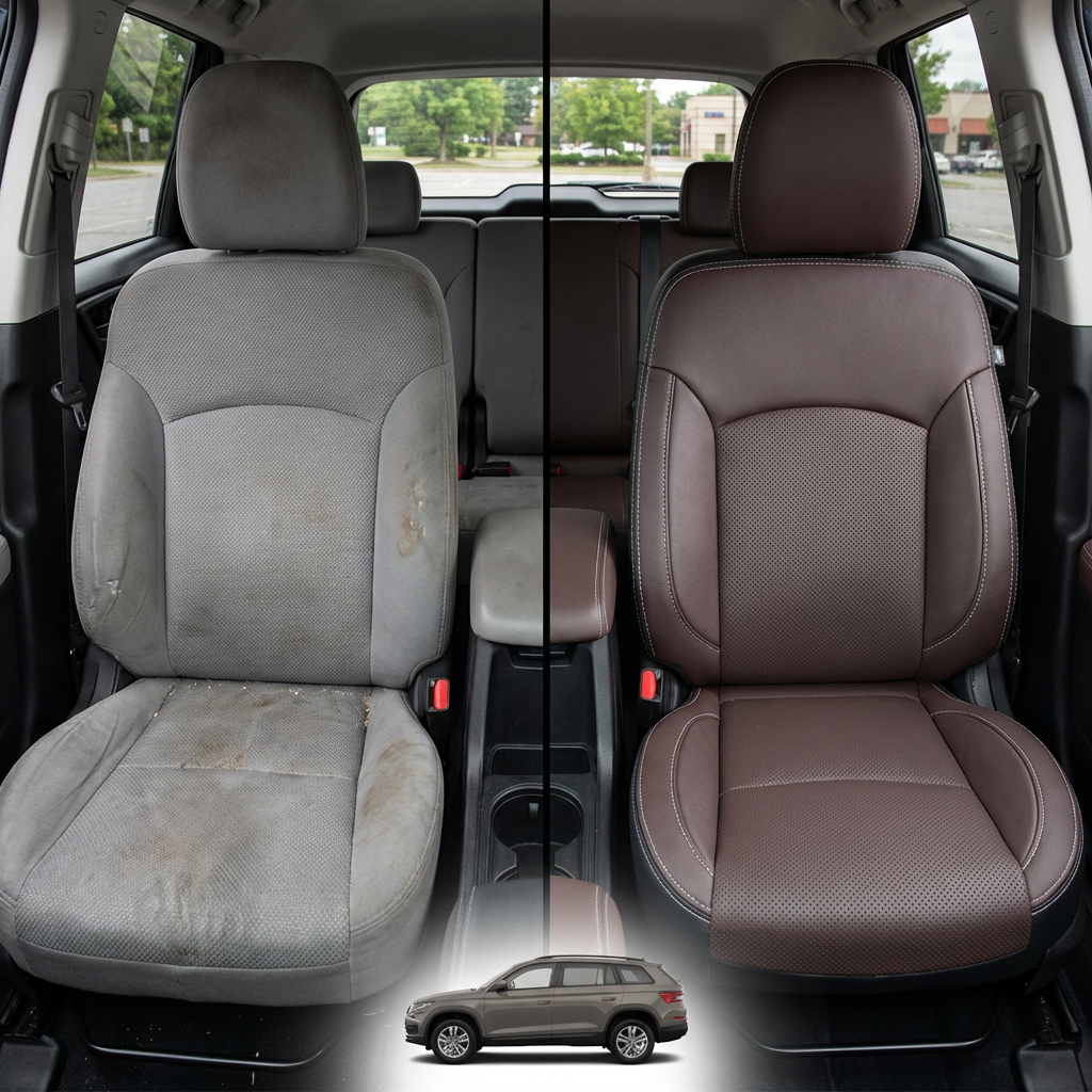 Before-and-after comparison of front seats, showing cloth seat upgraded to perforated leather upholstery.