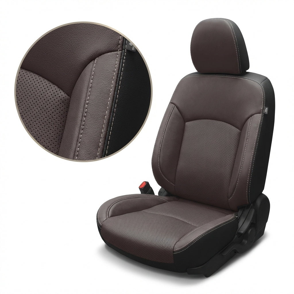 Brown car seat cover with detailed texture on a white background