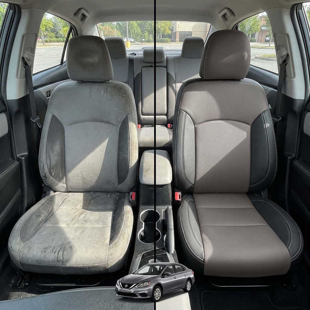 Before-and-after comparison of front seats, showing cloth seat upgraded to perforated leather upholstery.