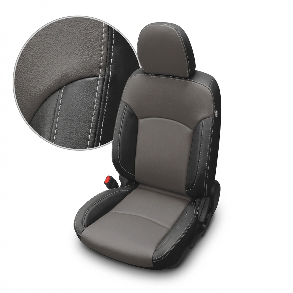 Gray car seat with detailed stitching on a white background
