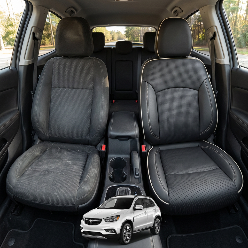 Before-and-after comparison of front seats, showing cloth seat upgraded to perforated leather upholstery.