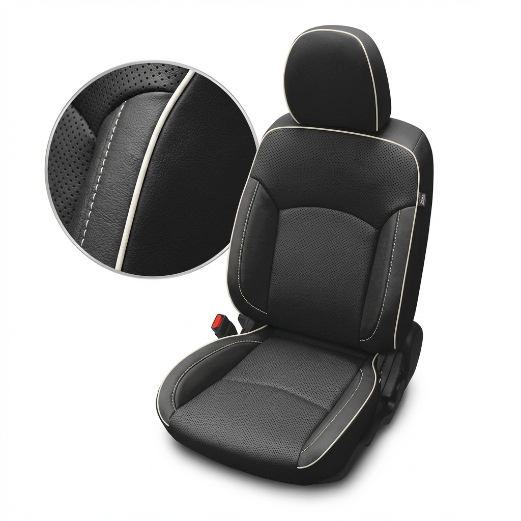 Black car seat cover with detailed stitching on a white background