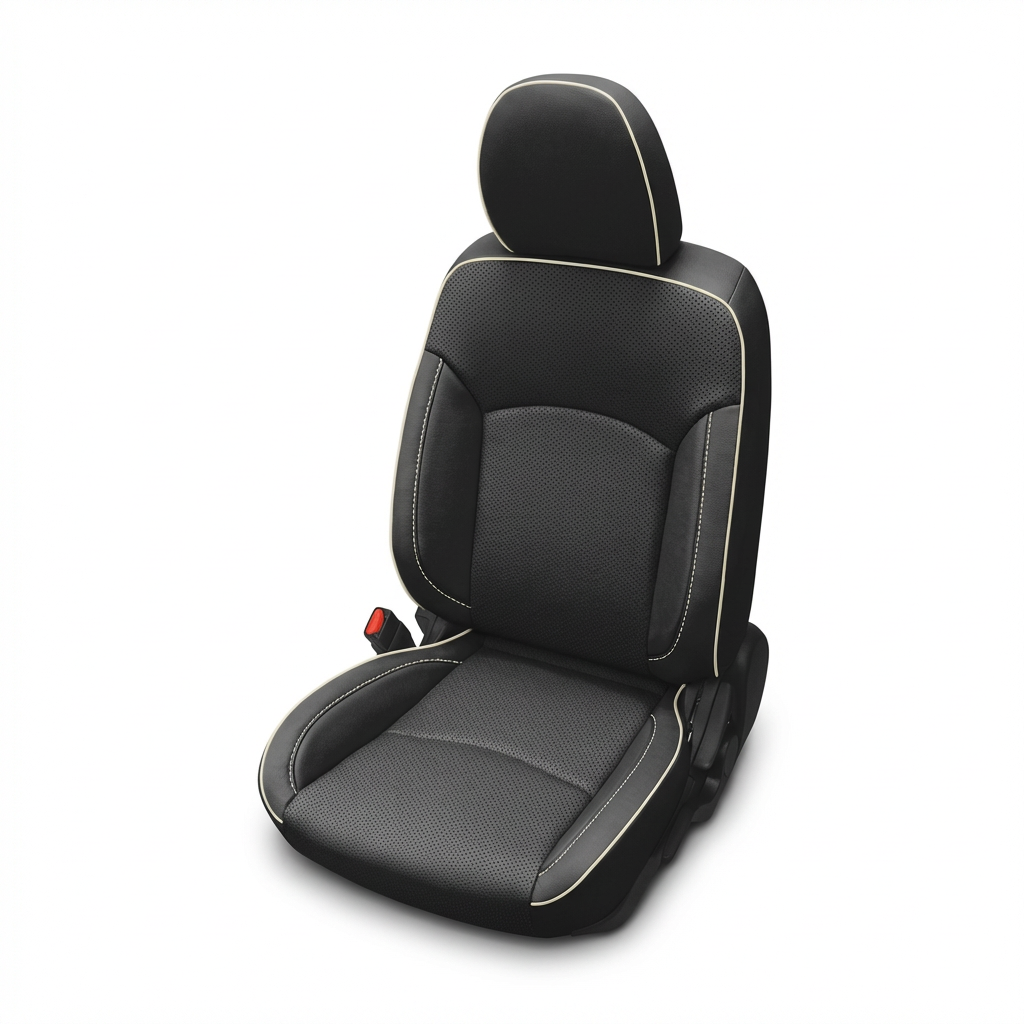 Black car seat cover with white stitching on a white background