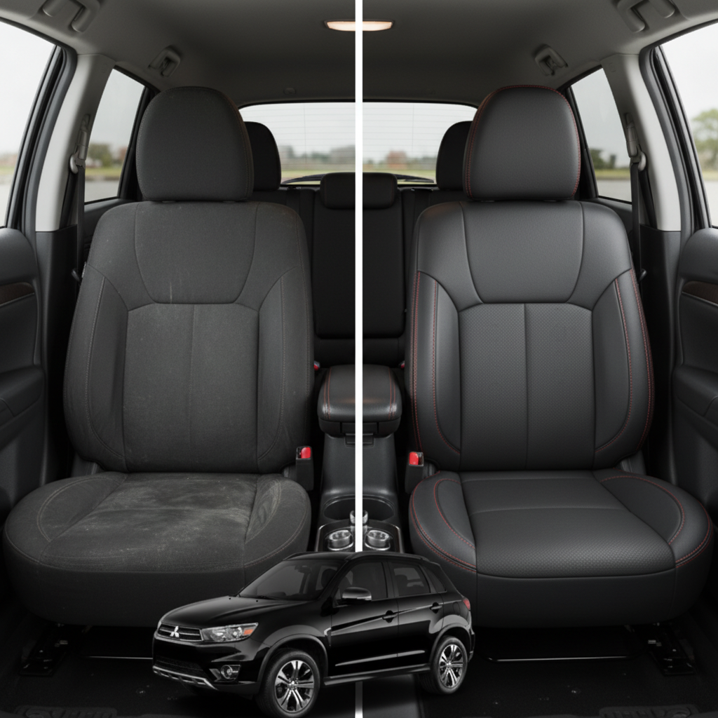 Before-and-after comparison of Mitsubishi Outlander front seats, showing original cloth seat upgraded to perforated leather upholstery.
