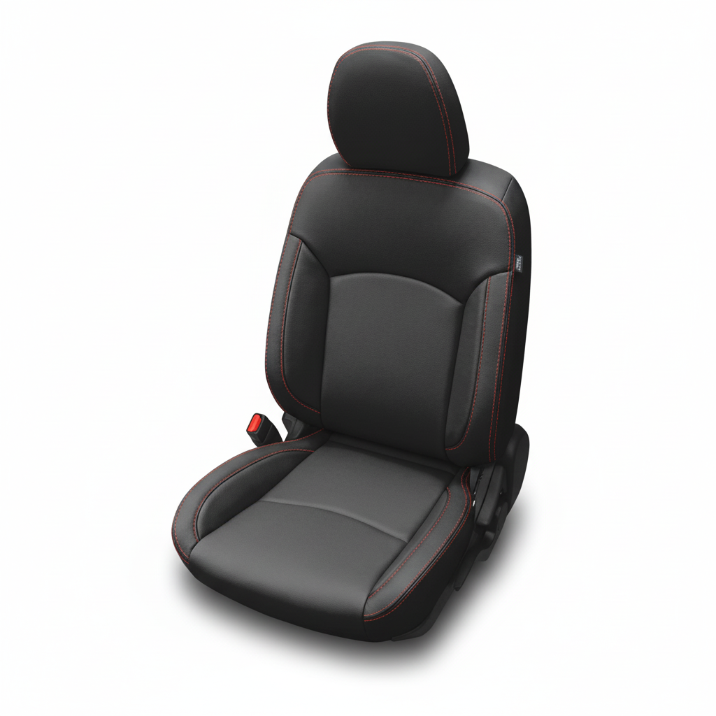 Black car seat with red stitching on a white background