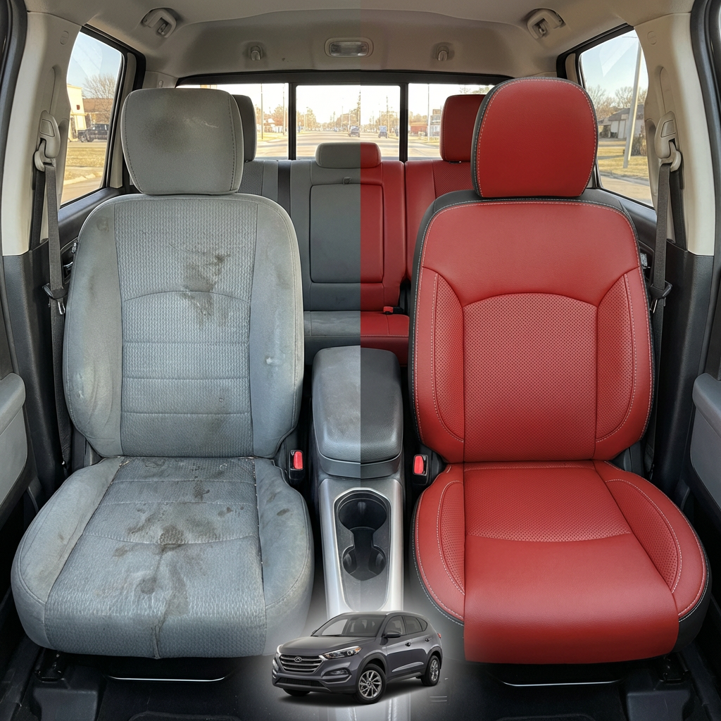Before-and-after comparison of front seats, showing cloth seat upgraded to perforated leather upholstery.