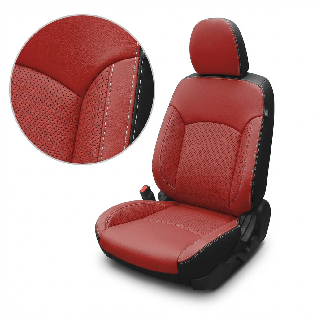 Red car seat cover with black accents on a white background