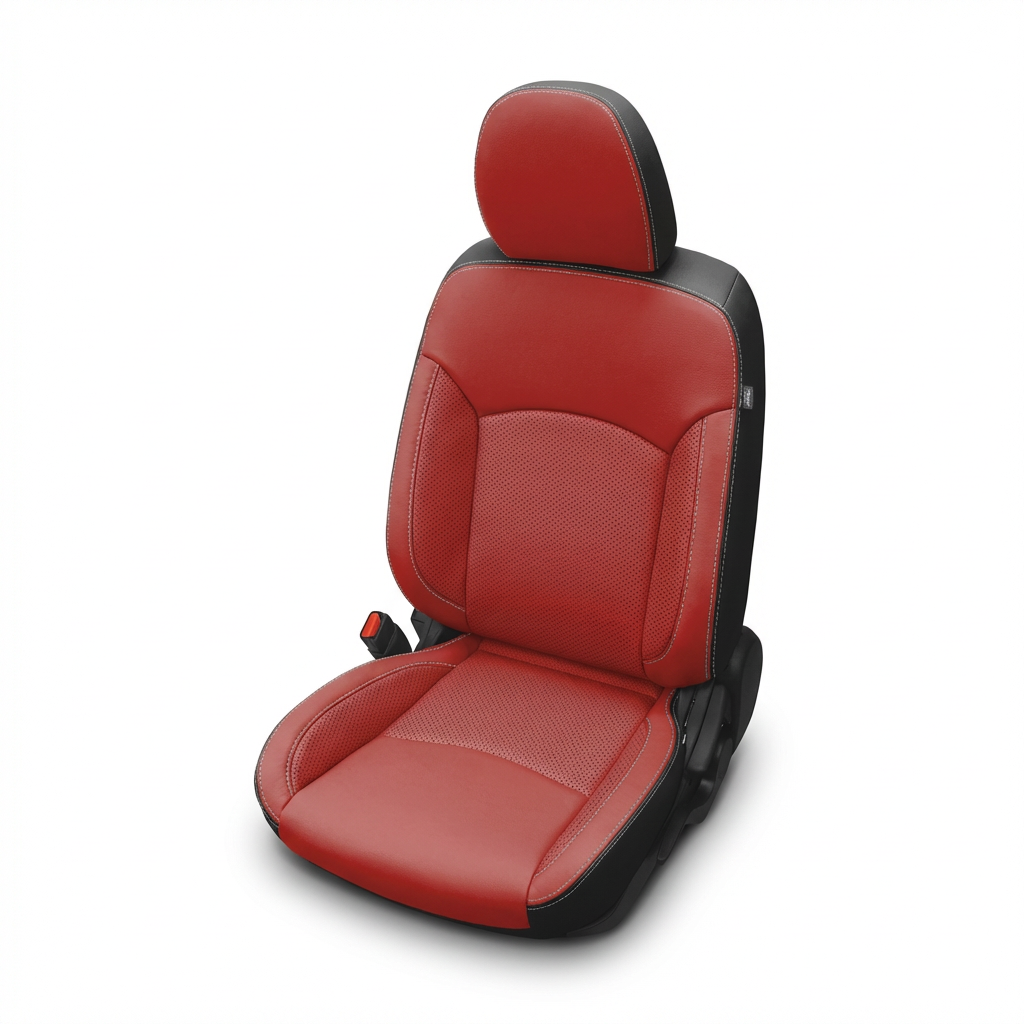 Red car seat cover with black accents on a white background