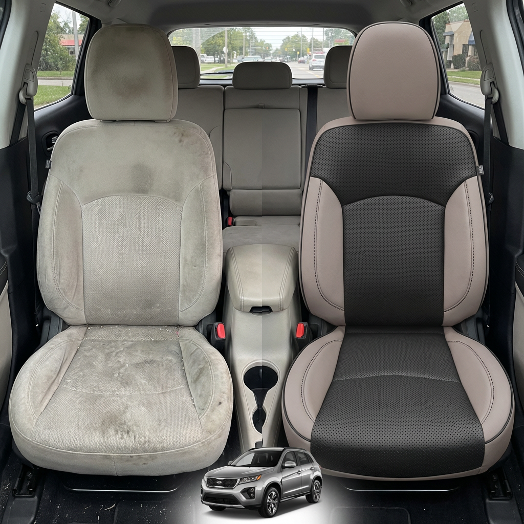Before-and-after comparison of front seats, showing cloth seat upgraded to perforated leather upholstery.