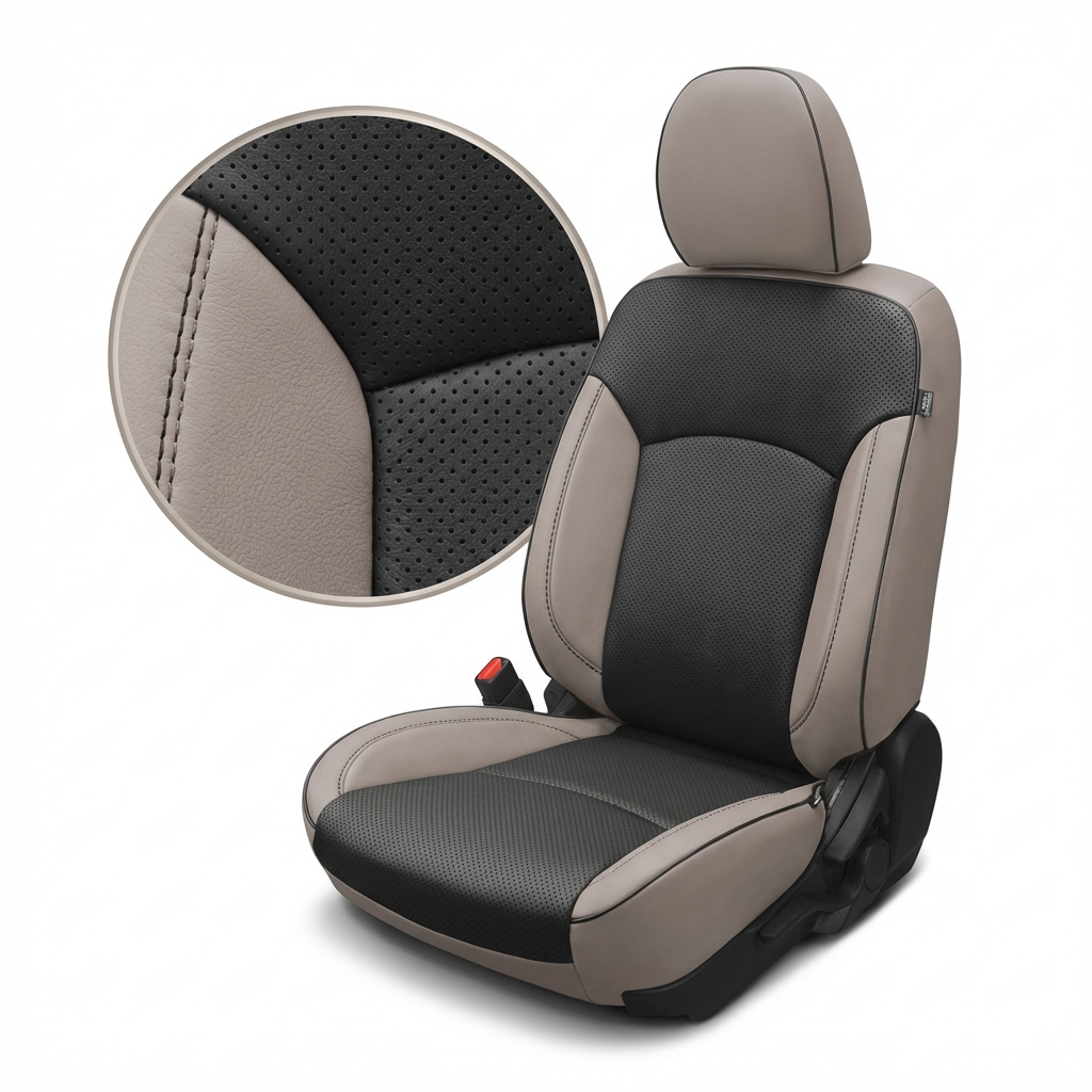Car seat cover with black and beige design on a white background