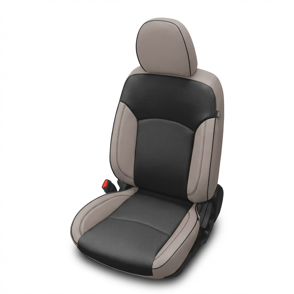 Car seat cover with black and beige design on a white background