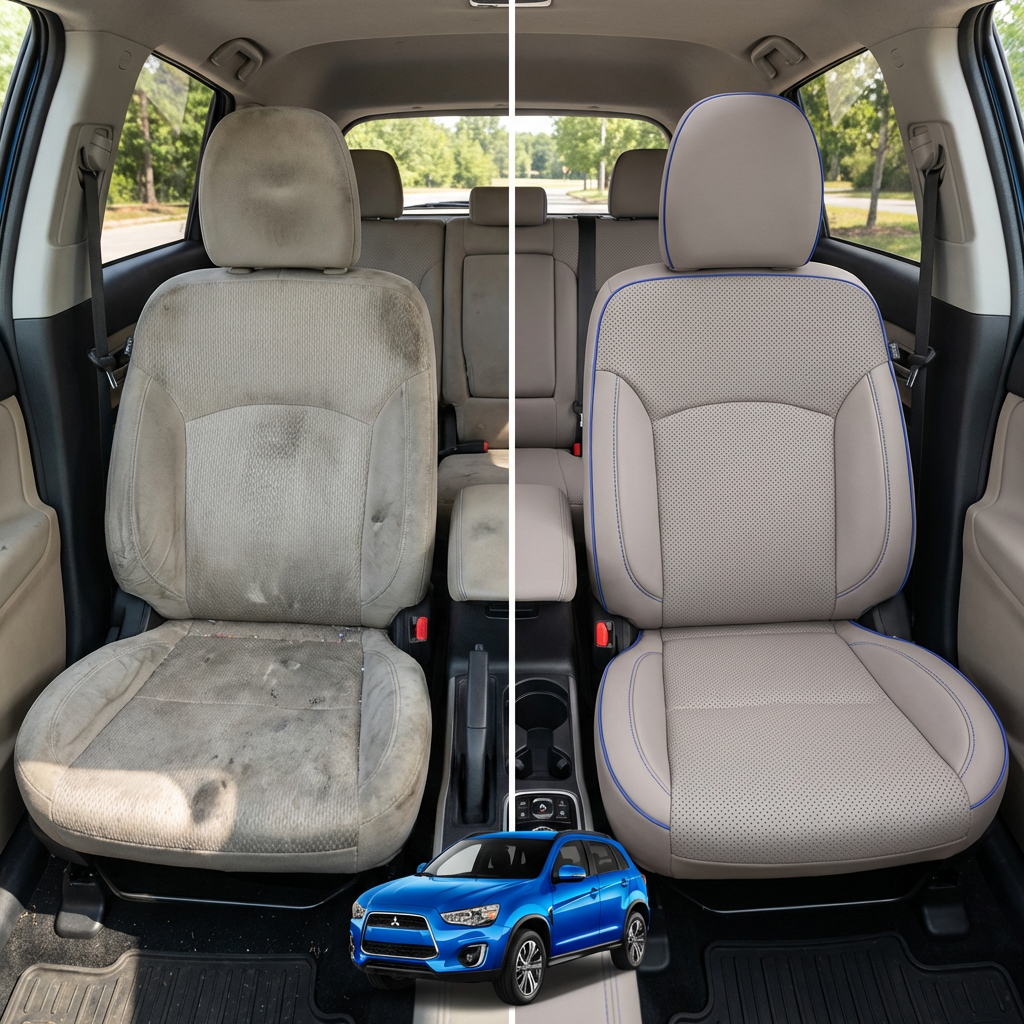 Before-and-after comparison of front seats, showing cloth seat upgraded to perforated leather upholstery.