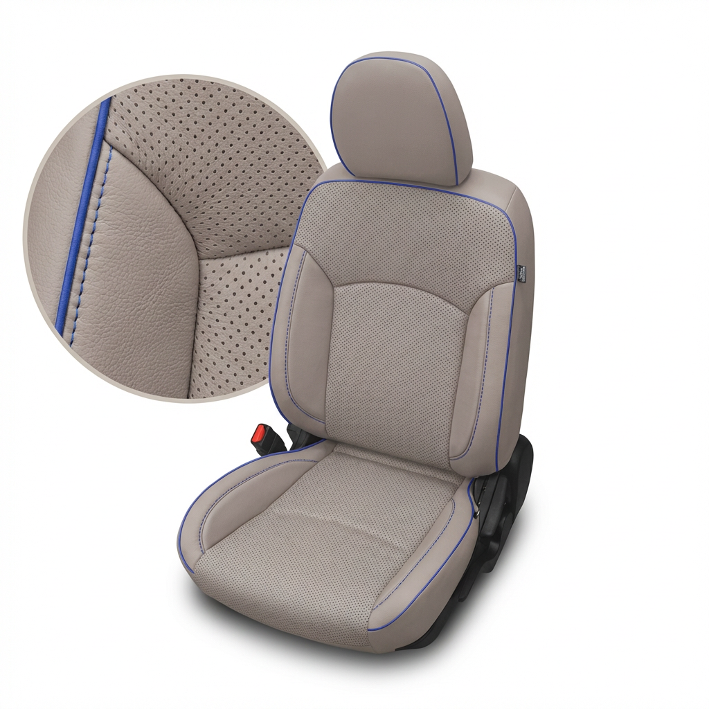 Beige car seat cover with blue stitching on a white background