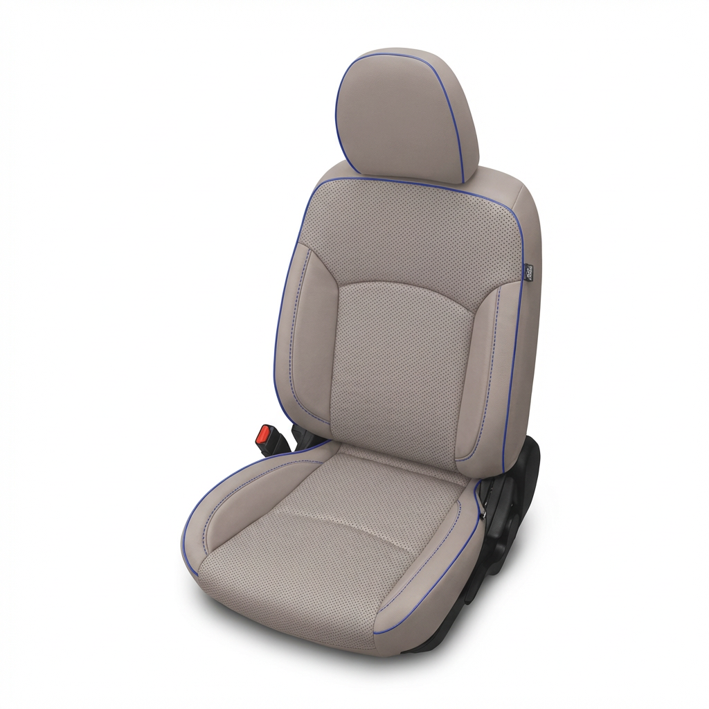 Beige car seat cover with blue stitching on a white background