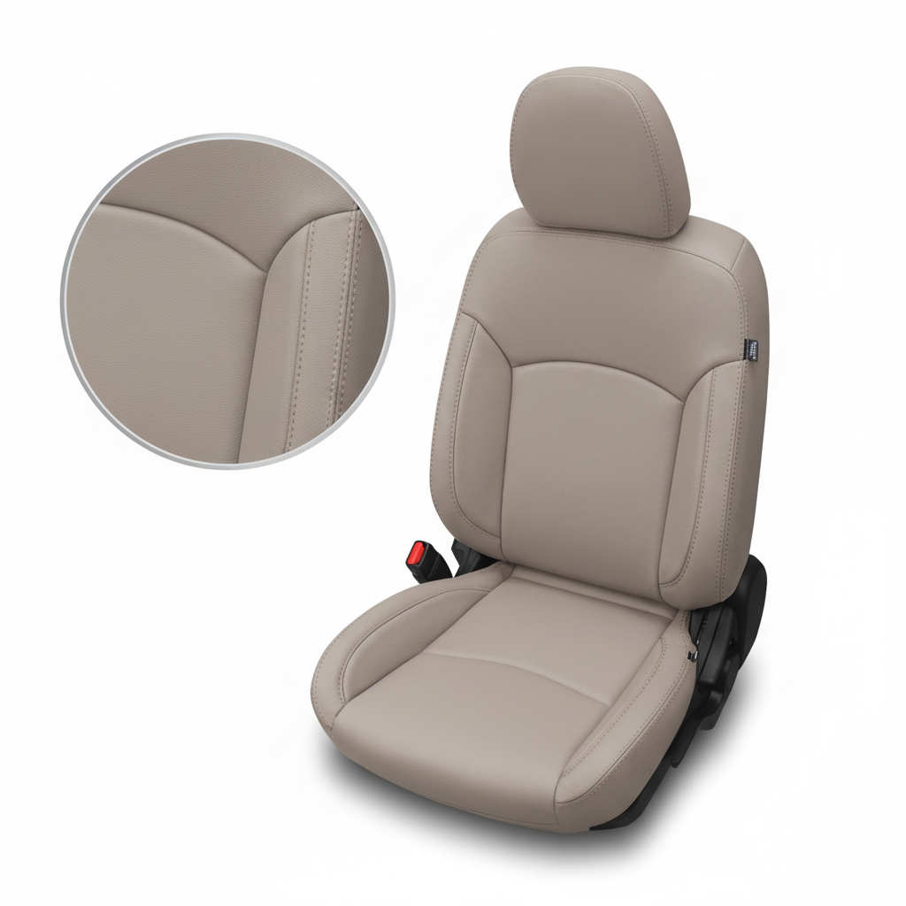 Beige car seat cover with close up detailed stitching on a white background