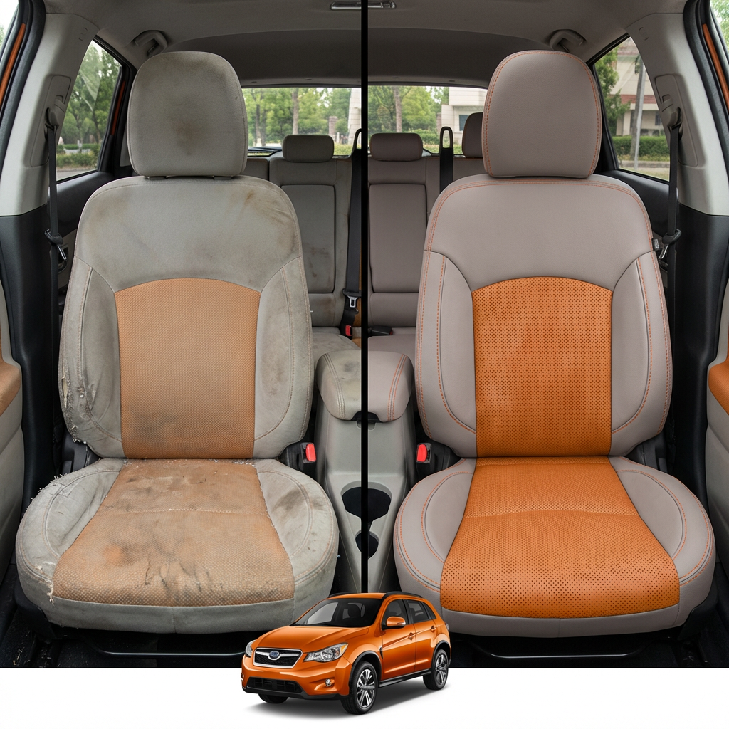Before-and-after comparison of front seats, showing cloth seat upgraded to perforated leather upholstery.