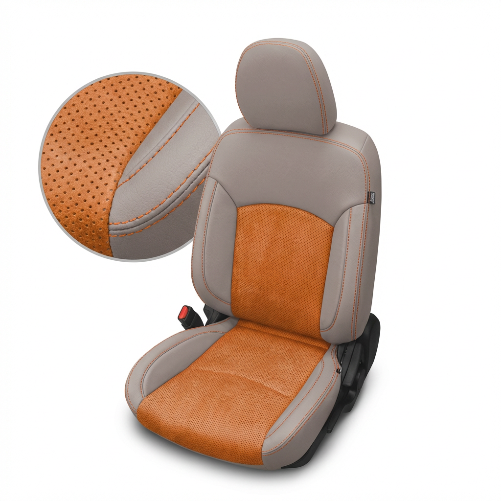 Car seat cover with orange and gray design on a white background