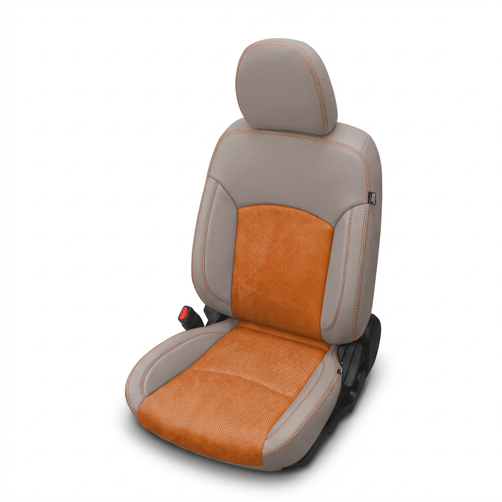 Car seat cover with orange and beige design on a white background