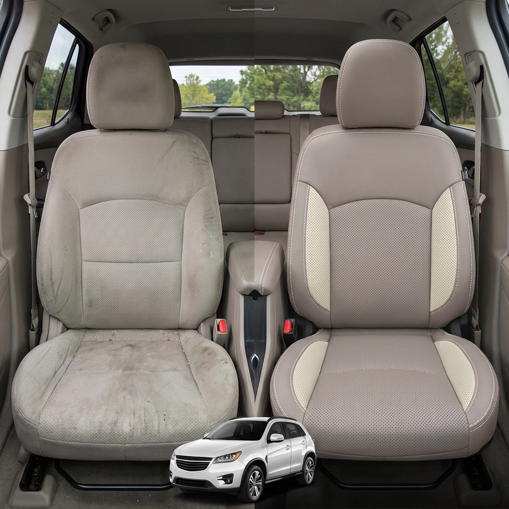 Before-and-after comparison of front seats, showing cloth seat upgraded to perforated leather upholstery.