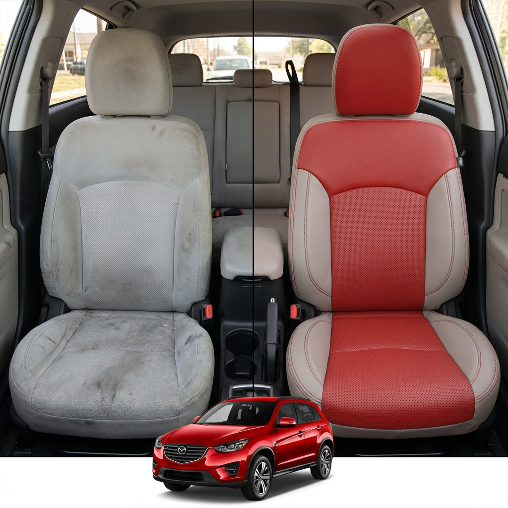 Before-and-after comparison of front seats, showing cloth seat upgraded to perforated leather upholstery.