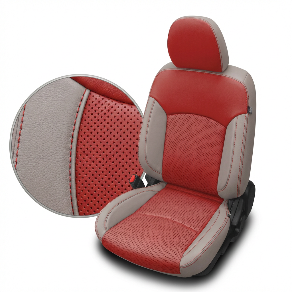 Red and beige car seat cover with detailed texture on a white background