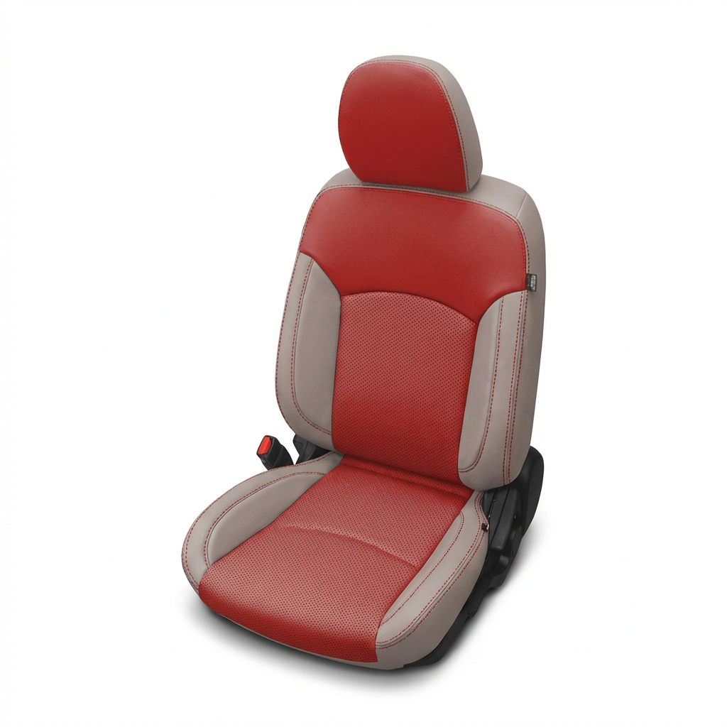 Red and beige car seat cover on a white background