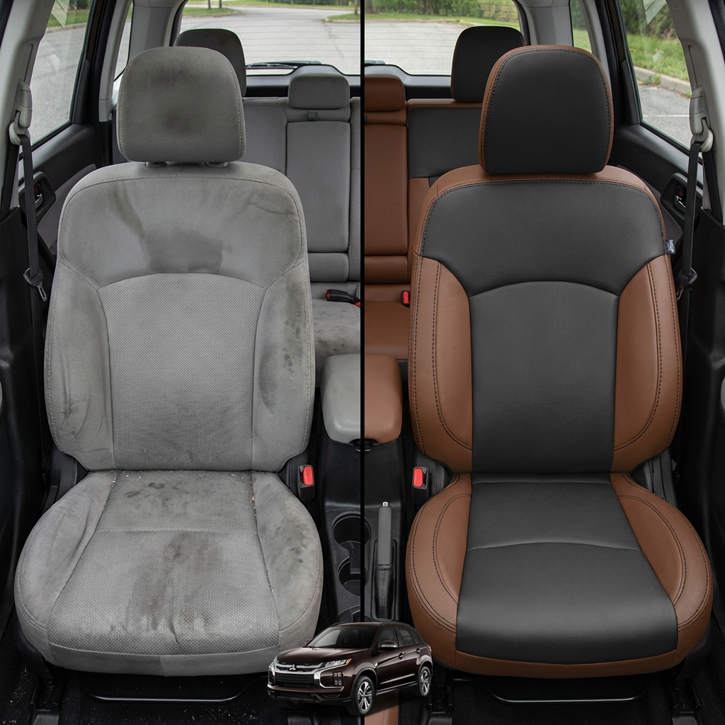 Before-and-after comparison of front seats, showing cloth seat upgraded to perforated leather upholstery.