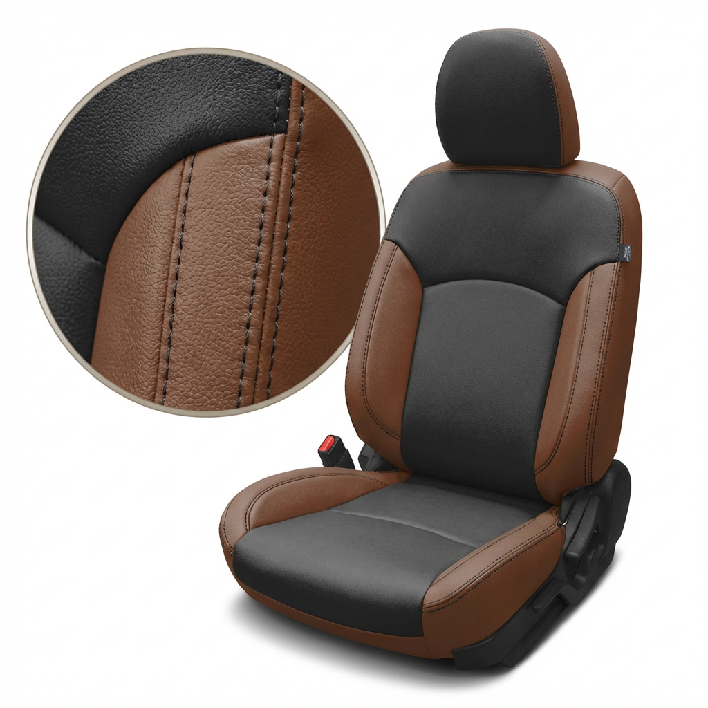 Mahogany Black car seat with headrest and detailed closed up stitching on a white background
