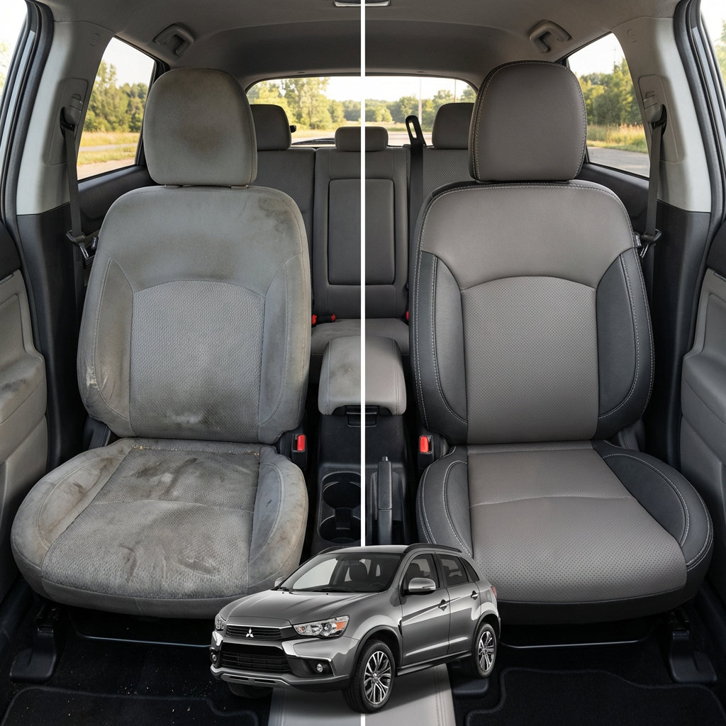 Before-and-after comparison of front seats, showing cloth seat upgraded to perforated leather upholstery.