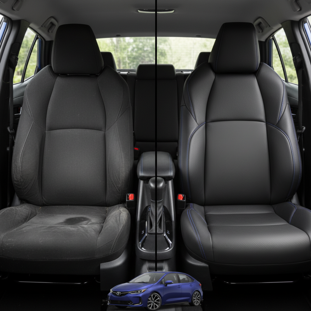 Before-and-after comparison of Toyota Corolla front seats, showing original cloth seat upgraded to perforated leather upholstery.
