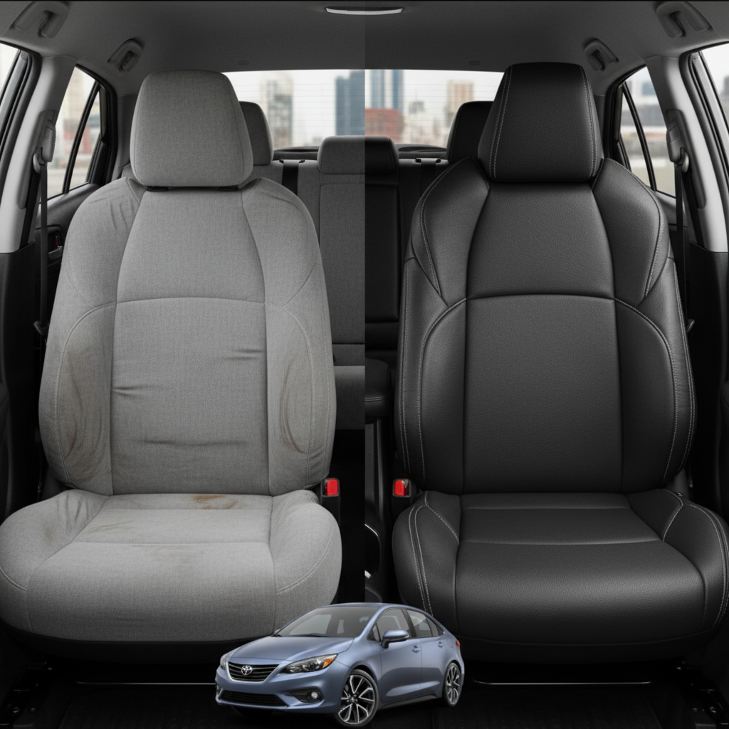 Before-and-after comparison of Toyota Corolla front seats, showing original cloth seat upgraded to perforated leather upholstery.

